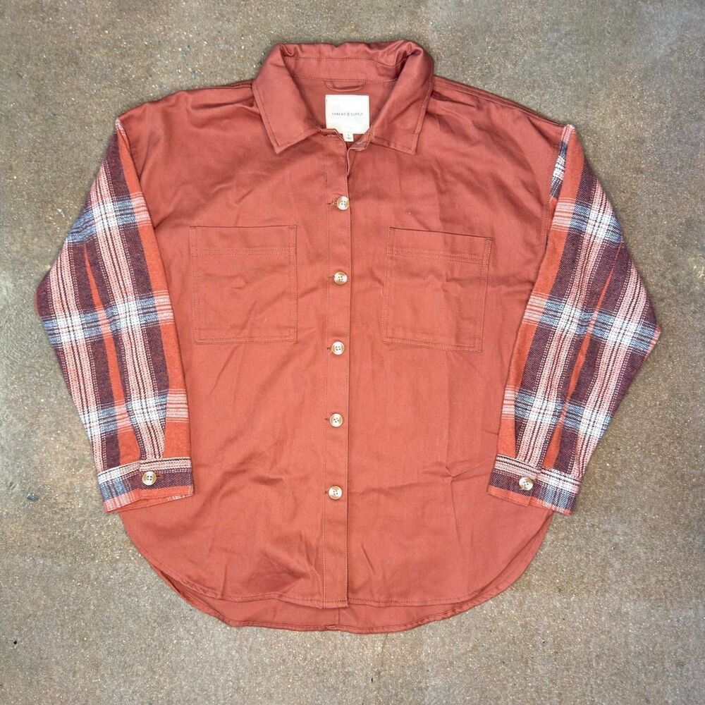 Thread & Supply Rust Plaid Sleeve Utility Shacket Button Up Women's L